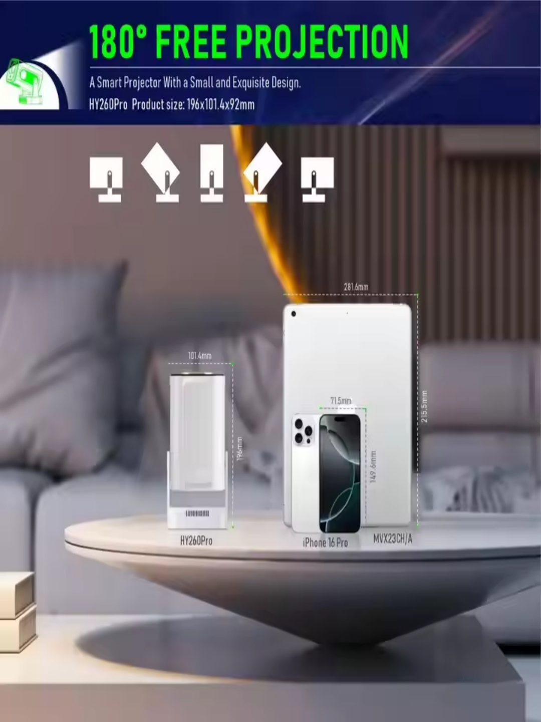 Paihao HY260 ProMini Portable HD Projector 1080P Resolution Built Bracket 360 Degree Rotating LED Video Auto Keystone