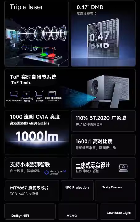 Mijia UHD 4K Native Full Color Laser Projector with 2500 ANSI Lux ToF Full Auto Setting NFC Wireless Projection 120" Proyector