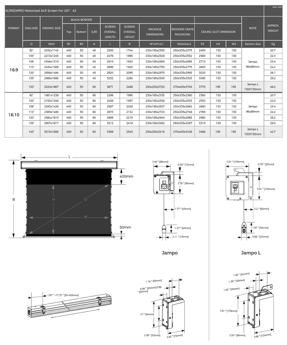 Paihao High Quality Motorized ARL PET Retractable Projector Screen 4K HD CLR Wall-Mounted for Home Use Meeting 16:9 Format
