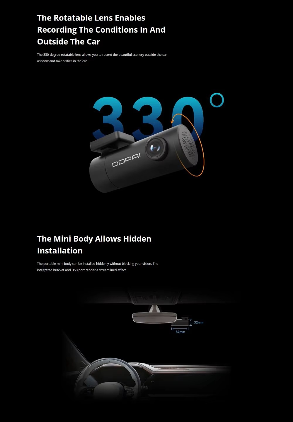 DDPAI Mini Pro 330-Degree Rotatable Lens Dash Cam Emergency Lock 1296p UHD Resolution Video Recorder Night Vision MicroSD