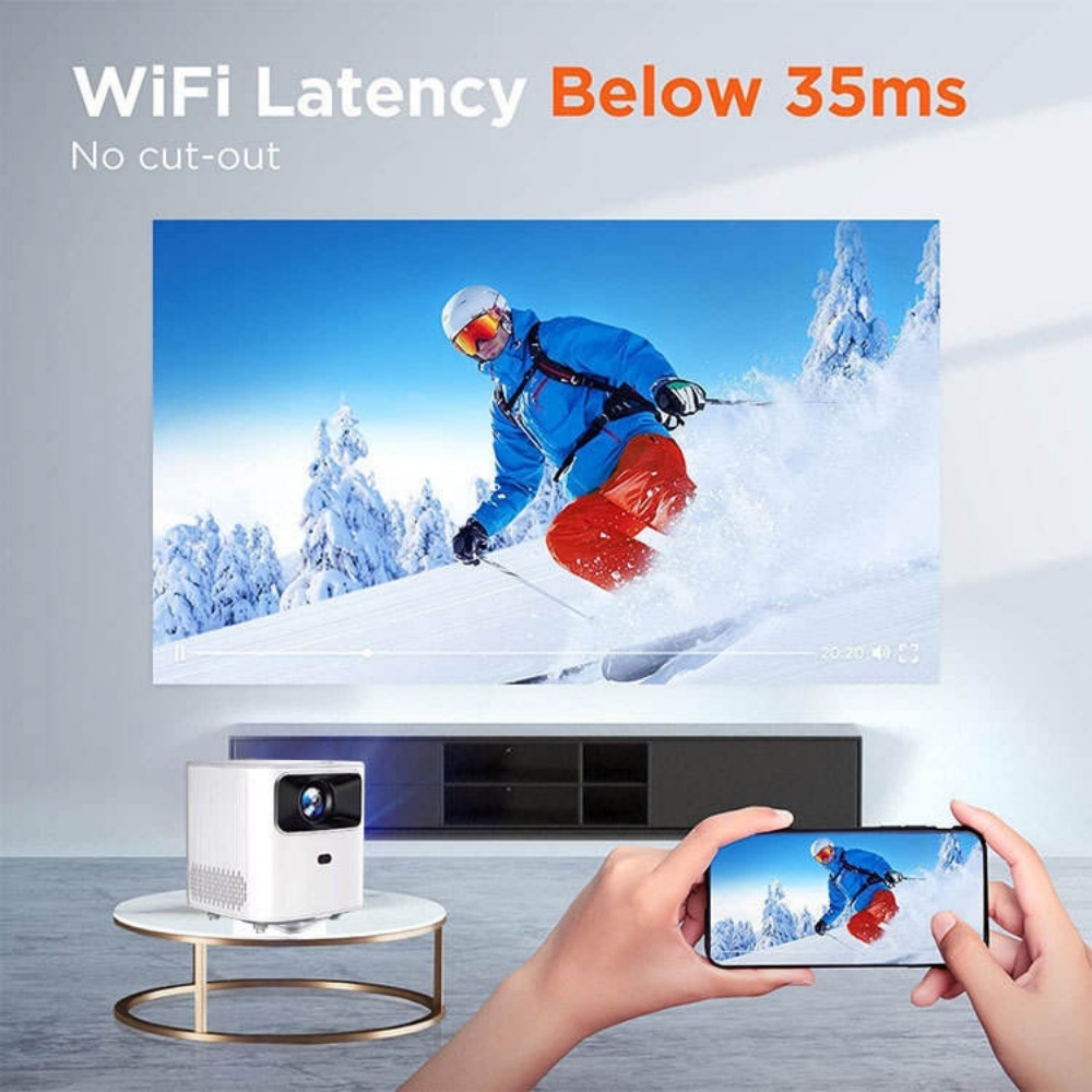 T8 Mini Android TV 9.0 Smart Projector, 2.4/5G WiFi Bluetooth 5.0 720P Native 200 ANSI with Electric Focus Portable Home Cinema