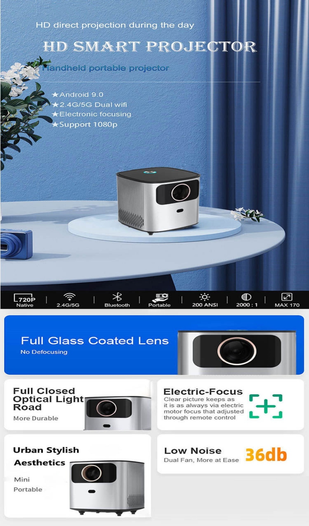 T8 Mini Android TV 9.0 Smart Projector, 2.4/5G WiFi Bluetooth 5.0 720P Native 200 ANSI with Electric Focus Portable Home Cinema