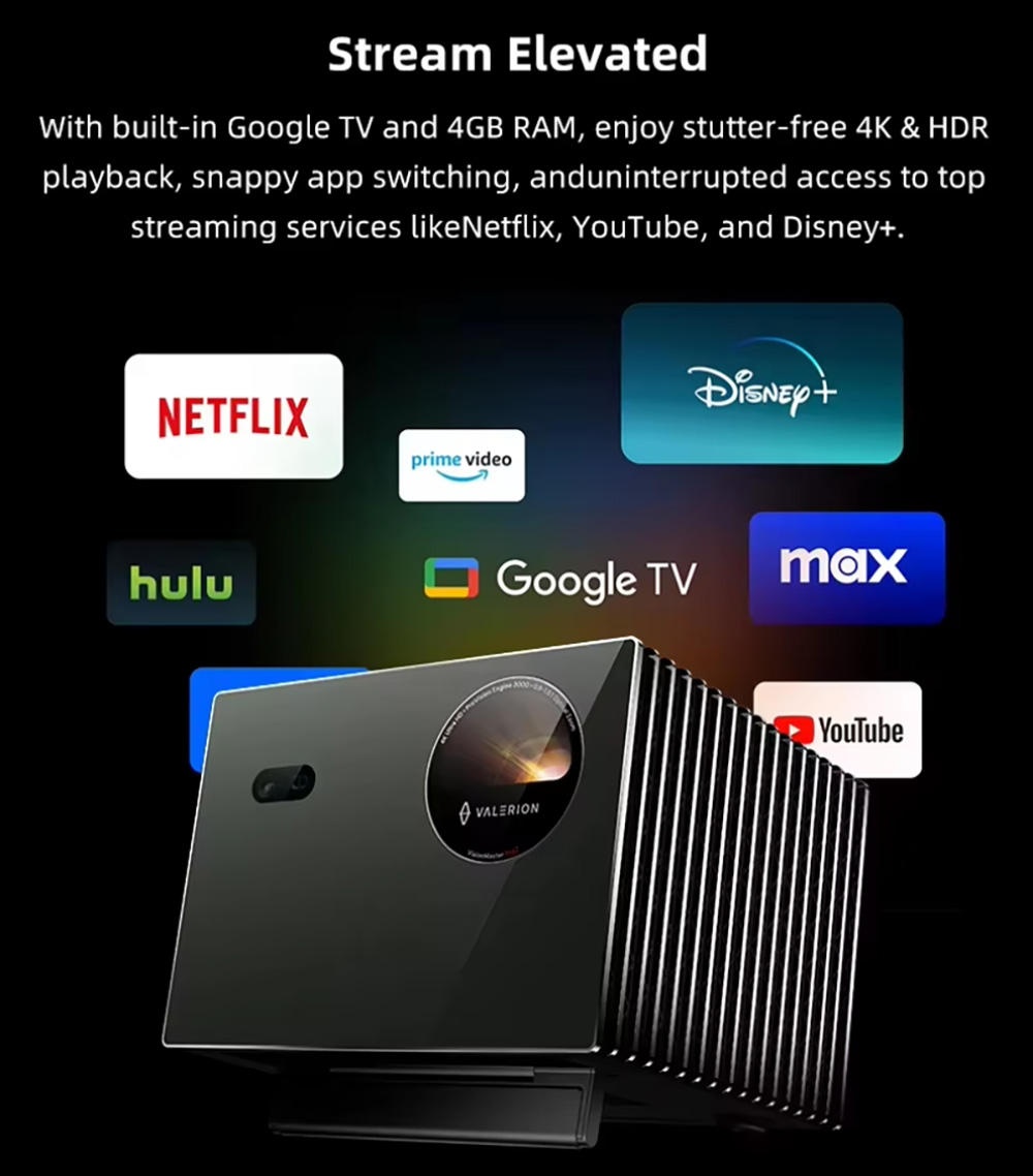 Global Valerion VisionMaster Max 4K Smart GTV Projector, Triple Laser 3500 Lumens Android TV IMAX 4GB 128GB 1.67X Zoom Beamer