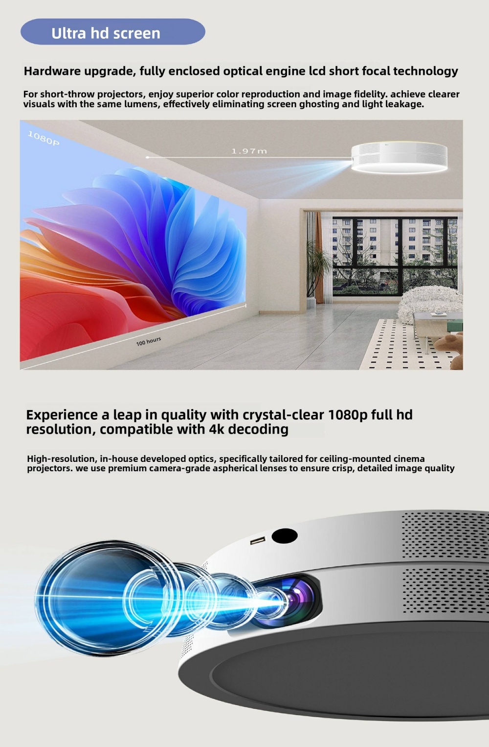 Paihao TG10 Smart Ceiling LED Projector 3-in-1 Max 4K 1080P HD Android 9 1000 Lumens 3D Ready Internet Ready BT Speaker
