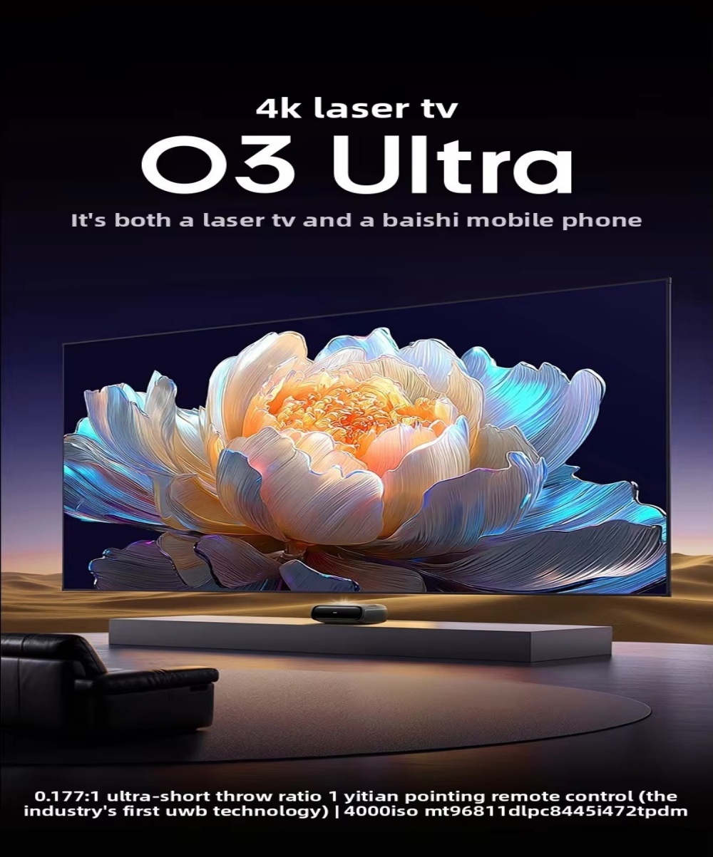 JMGO O3 Ultra Laser Projector, Yitian Air Gesture Remote UWB Tech 3100 Lumens Supports 3d Movie Smar